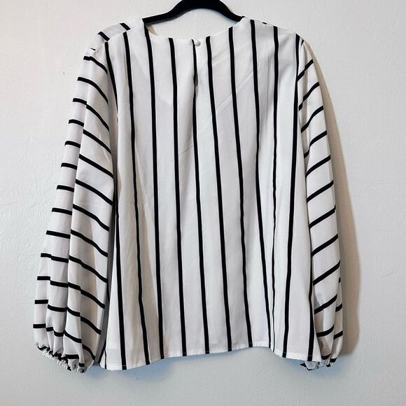 H&M Striped Bishop Long Sleeve Keyhole Button Back Blouse White Large - Picture 3 of 3